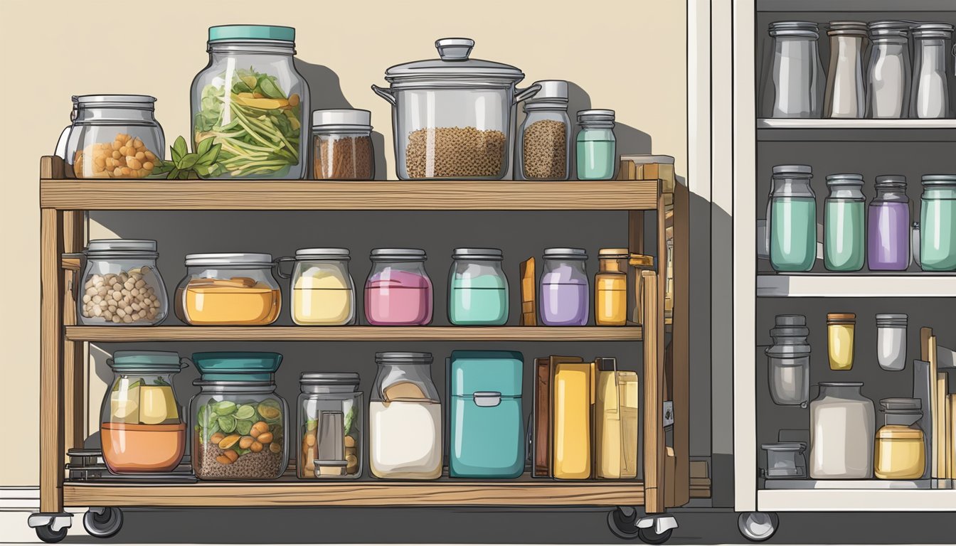 A compact cart holds cookbooks, utensils, and jars neatly organized on its shelves