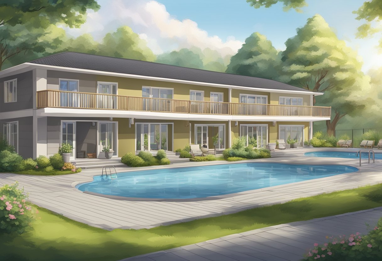 Um centro de reabilitação sereno e organizado, com acomodações confortáveis e uma área externa tranquila para relaxamento e terapia.