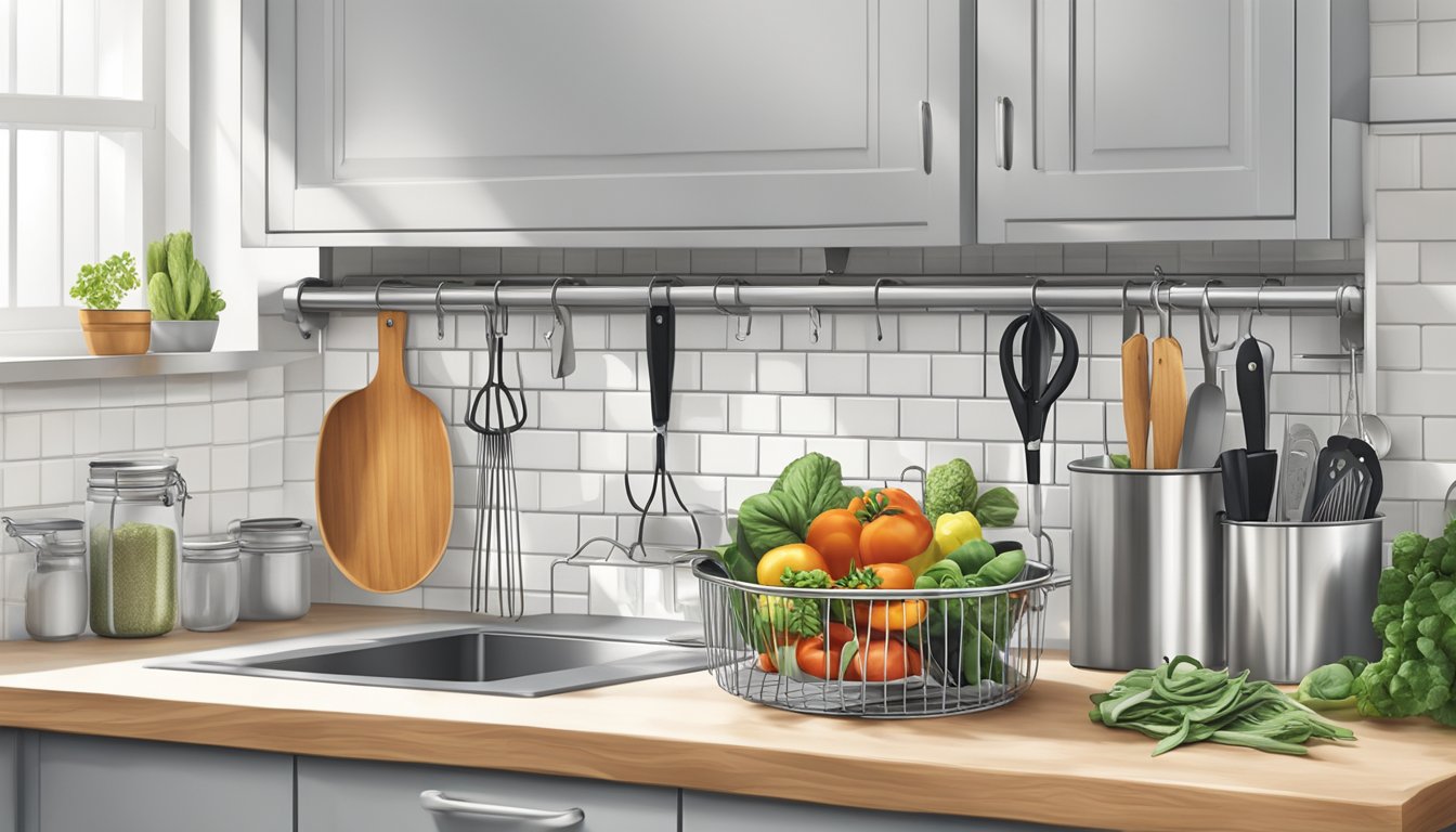 A metal wire basket hangs over a white kitchen cabinet, holding kitchen shears, pizza cutters, and other utensils