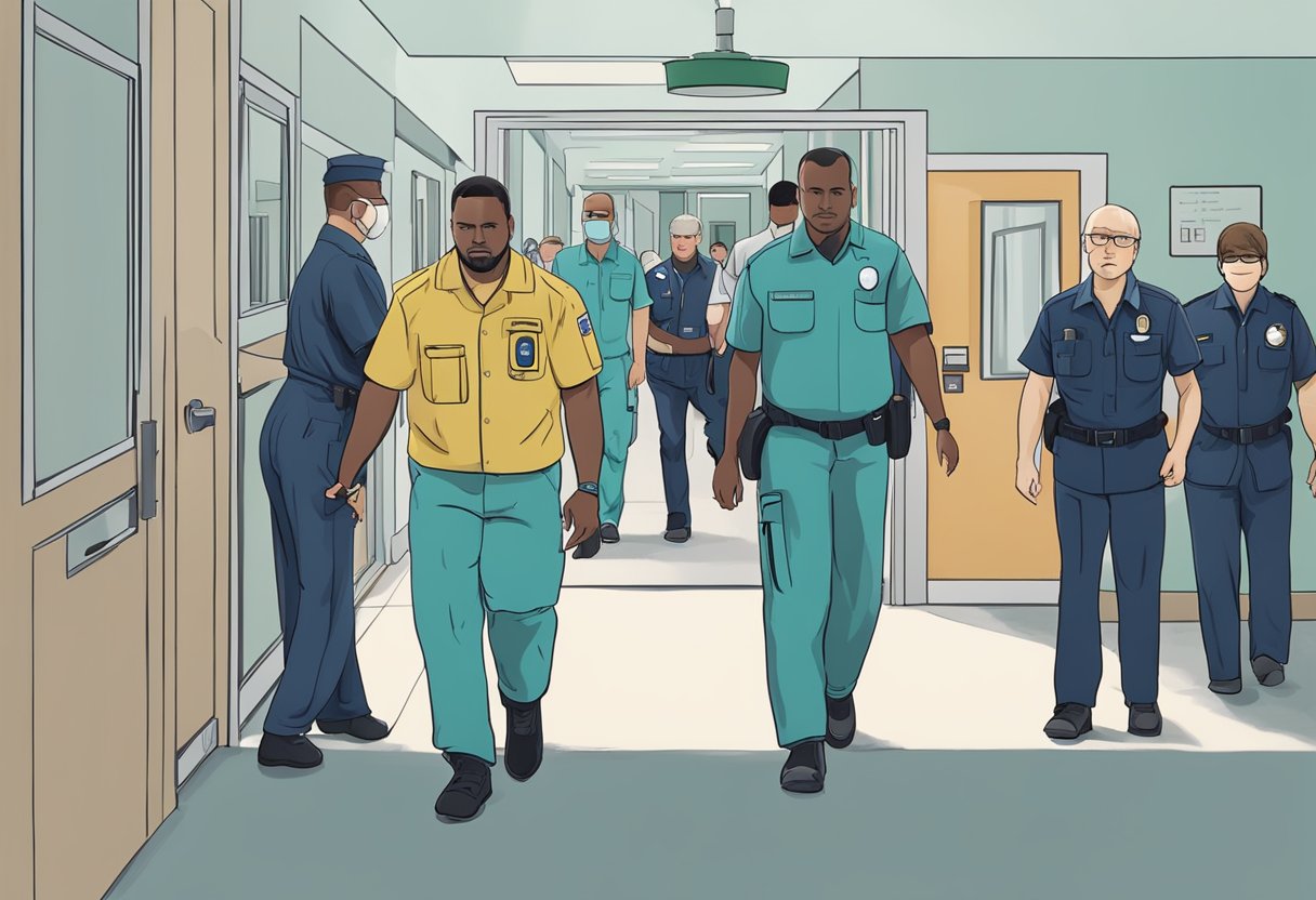 Uma pessoa sendo escoltada para uma instituição de saúde mental por profissionais de saúde e seguranças.