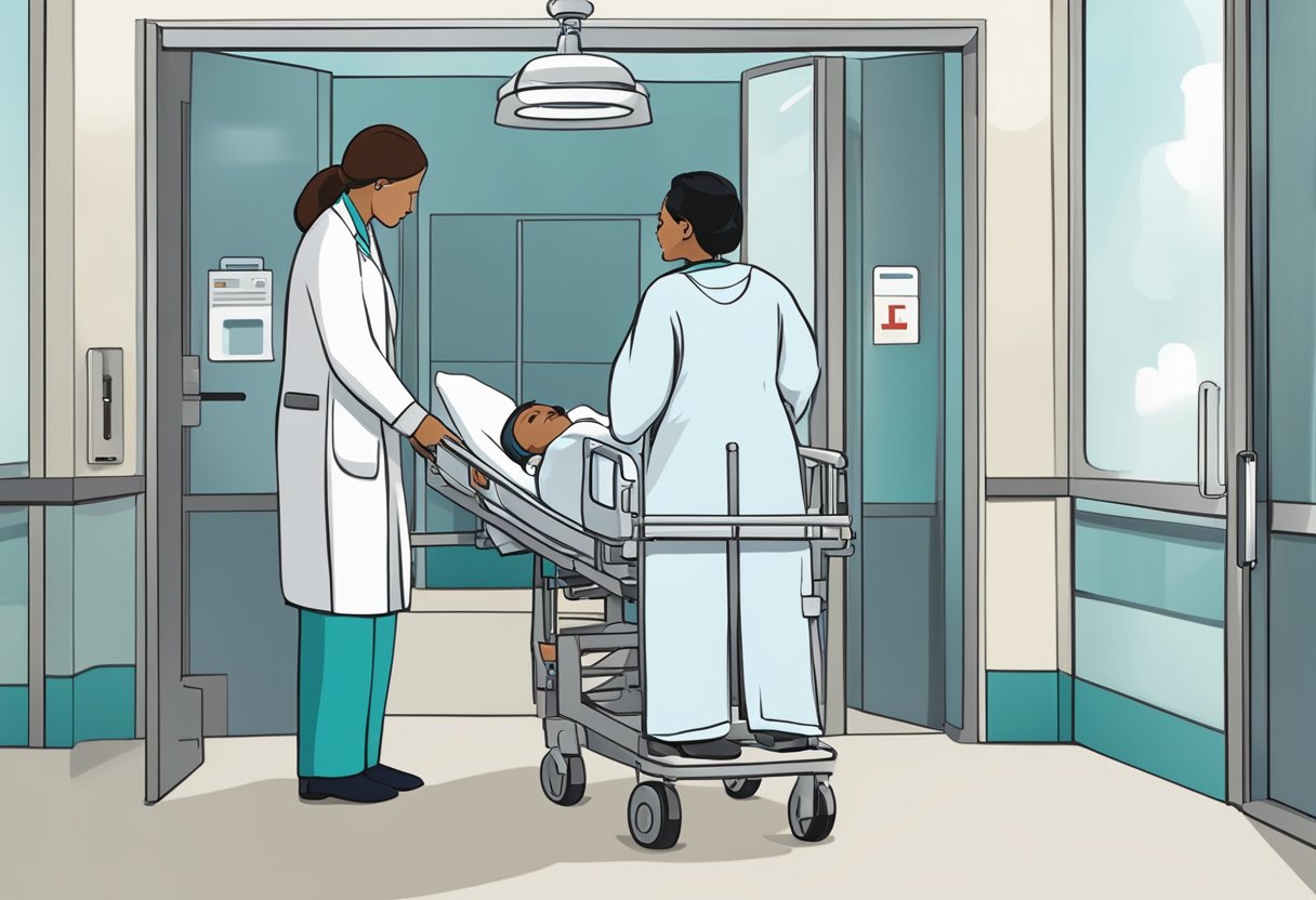 Uma pessoa sendo liberada de um hospital, com uma enfermeira monitorando sua saída