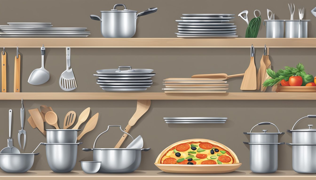 Kitchen utensils neatly organized in under-shelf baskets, including shears and pizza cutters