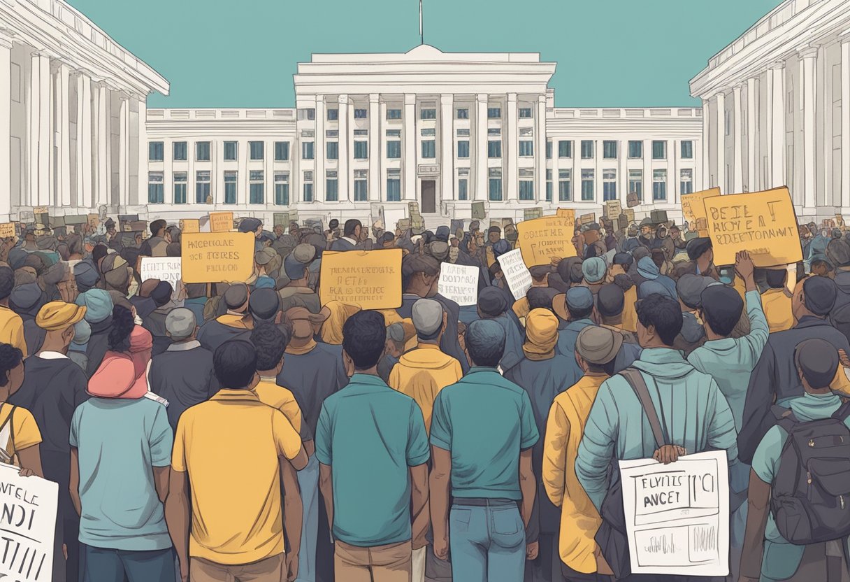 Um grupo de pessoas se reuniu em frente a um prédio do governo, segurando cartazes e protestando contra políticas de internação involuntária.