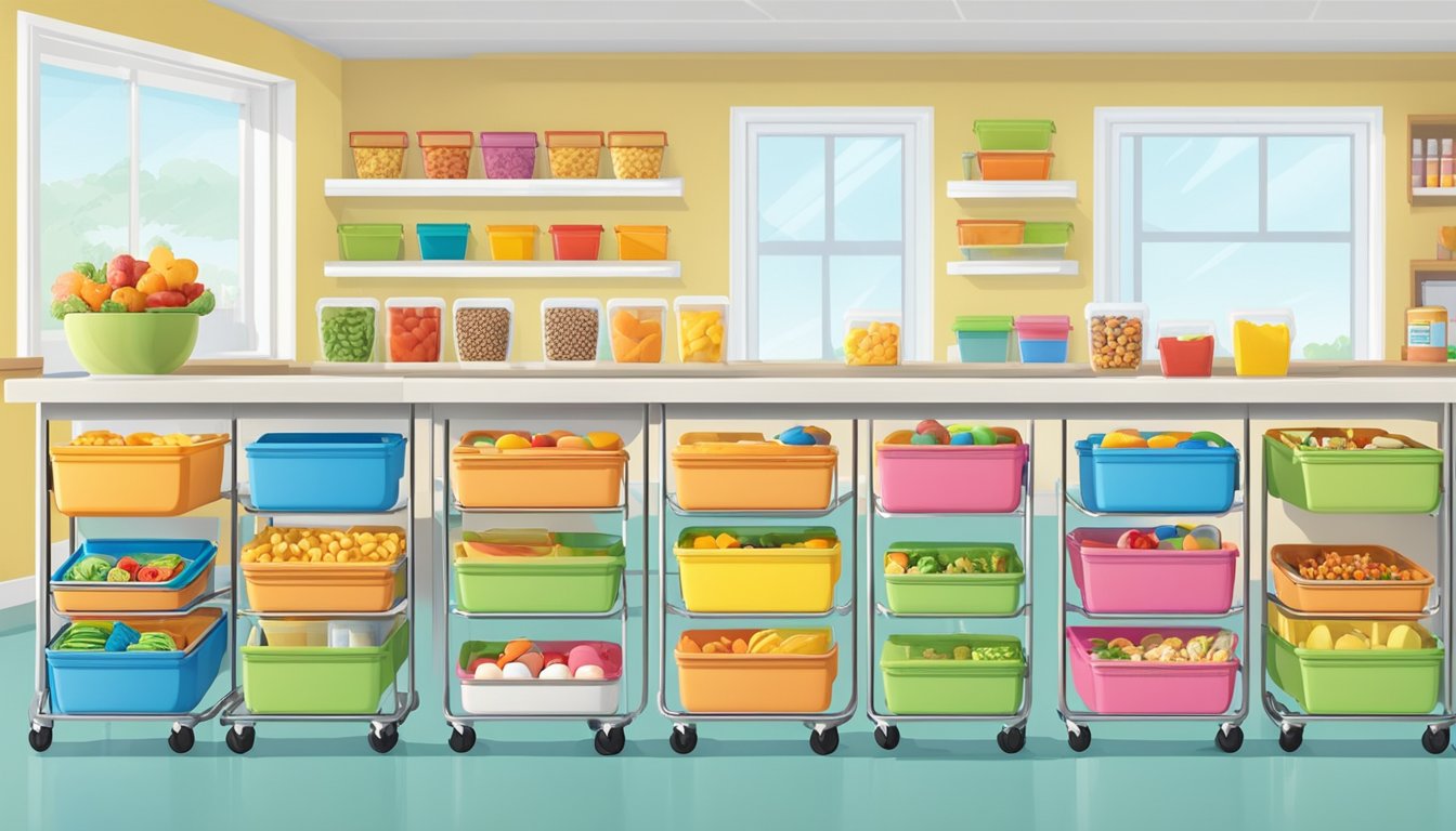 Colorful labeled bins filled with kids' snacks and lunch supplies neatly organized on rolling carts in a bright, spacious kitchen