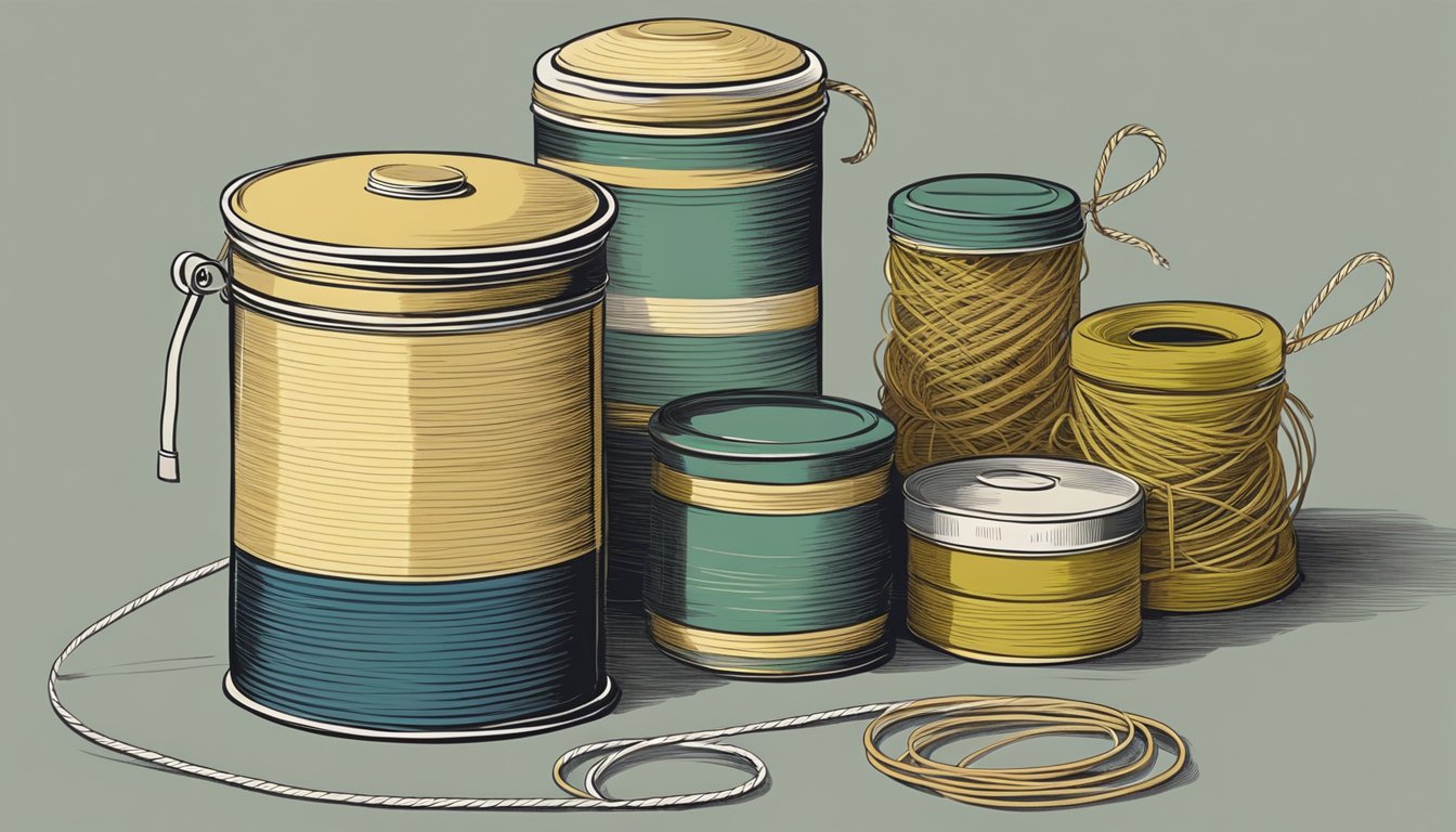 A vintage tea tin filled with neatly coiled kitchen twine and rubber bands arranged in various clever storage solutions