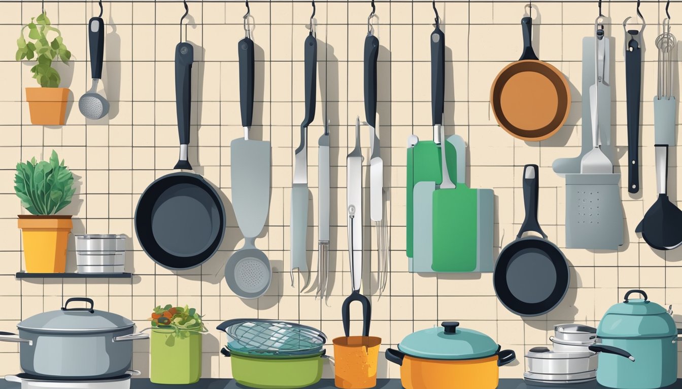 Kitchen utensils hanging neatly on a pegboard, with designated hooks for shears and pizza cutters, surrounded by organized pots and pans