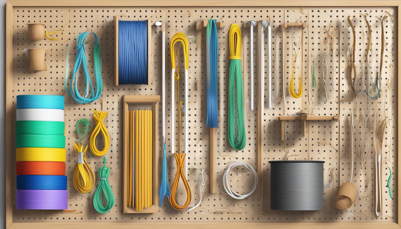 Various kitchen twine and rubber bands are creatively arranged on a pegboard for storage