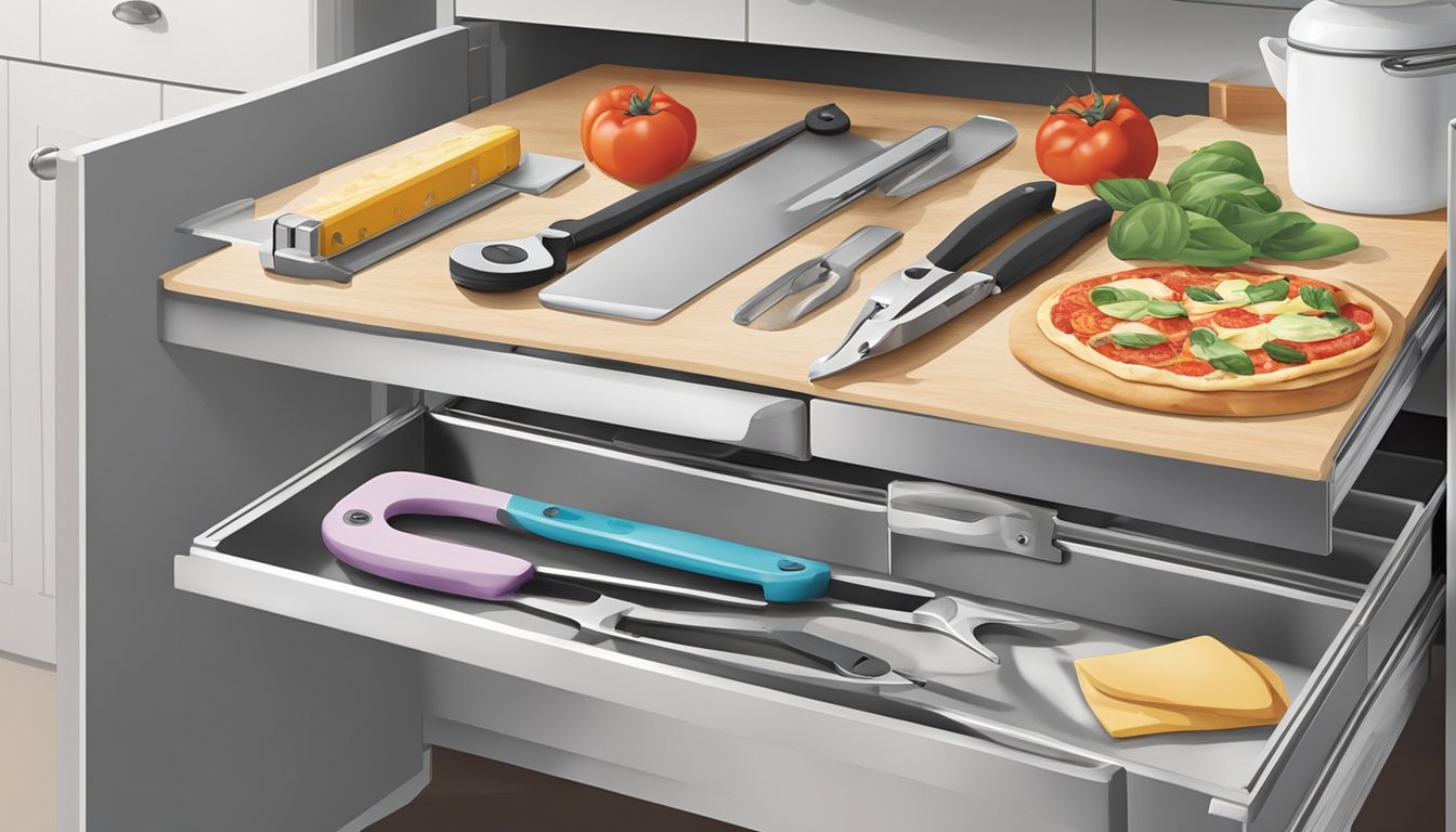 A magnetic strip on the inside of a cabinet door holds kitchen shears and pizza cutters neatly in place, while a sliding drawer organizer keeps them easily accessible