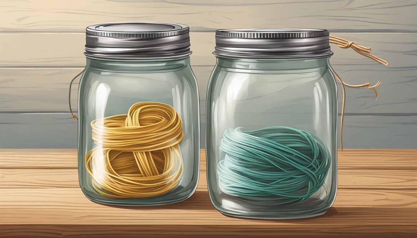 A mason jar with a sealed lid holds neatly wound kitchen twine and rubber bands on a rustic wooden countertop