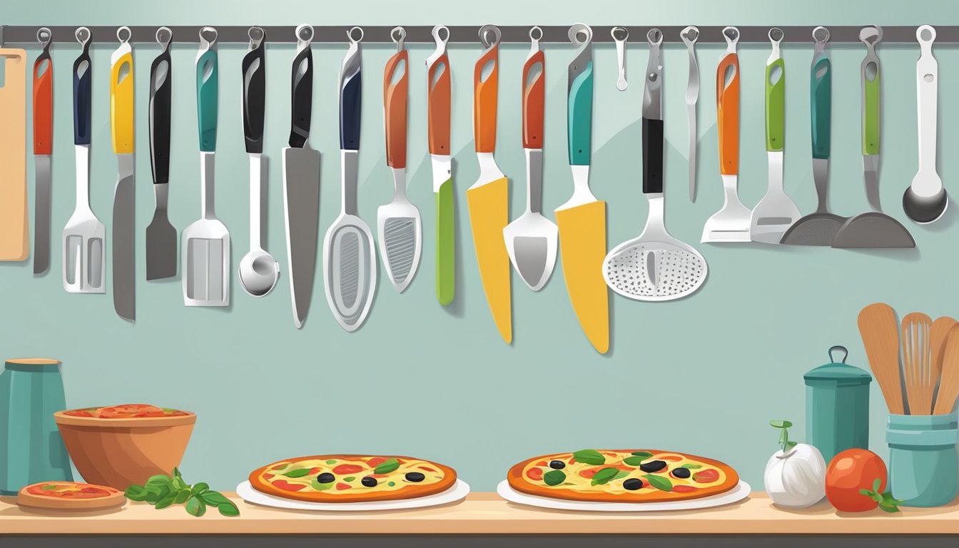 Kitchen shears and pizza cutters neatly organized in designated slots on a magnetic strip mounted on the wall near the food prep area