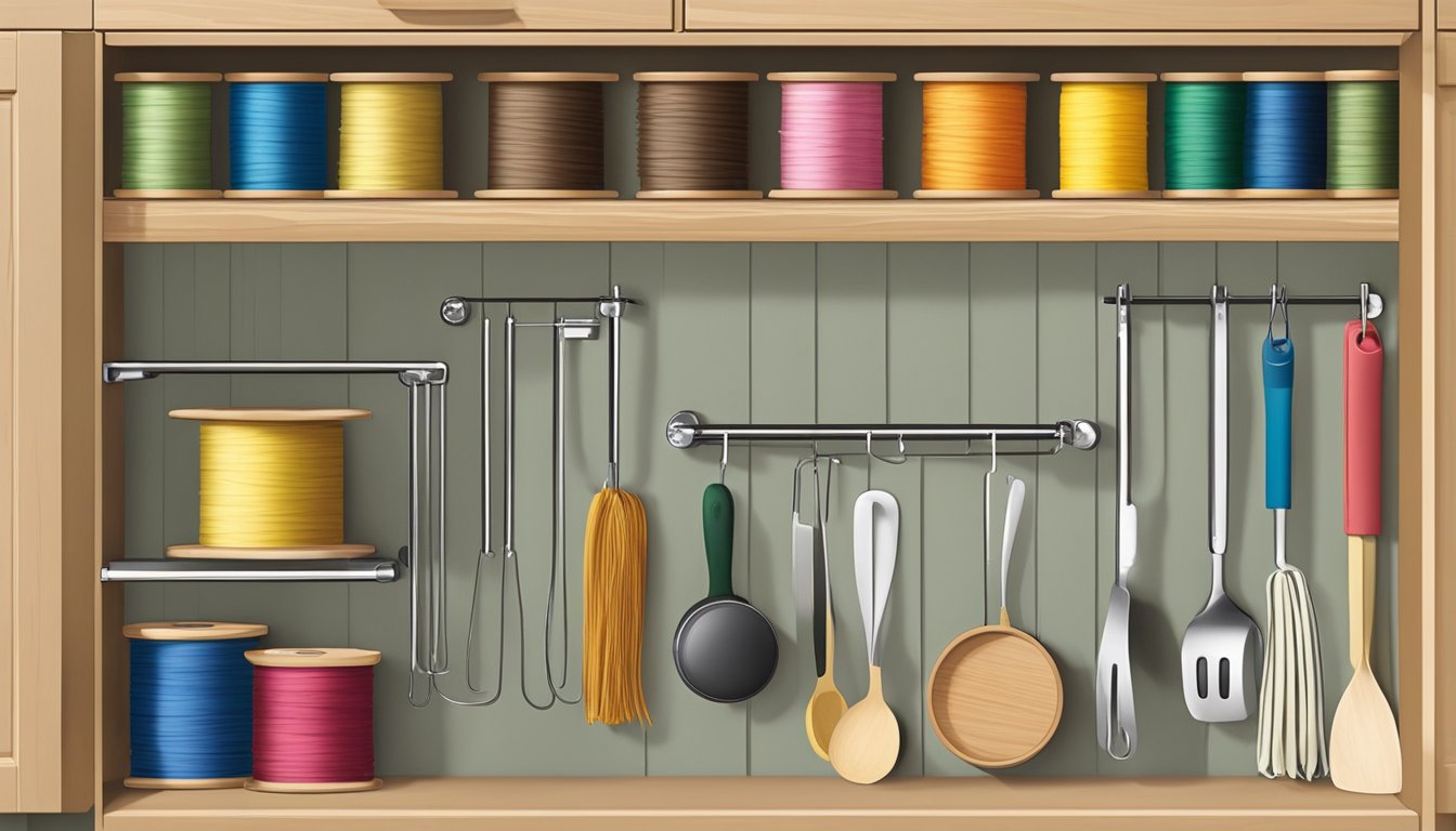 A cabinet door swings open to reveal a mounted spool rack holding kitchen twine and rubber bands, neatly organized and easily accessible