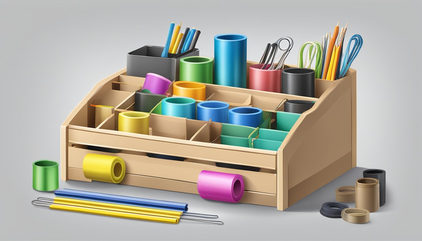 A desk organizer holds neatly arranged kitchen twine and rubber bands in various compartments