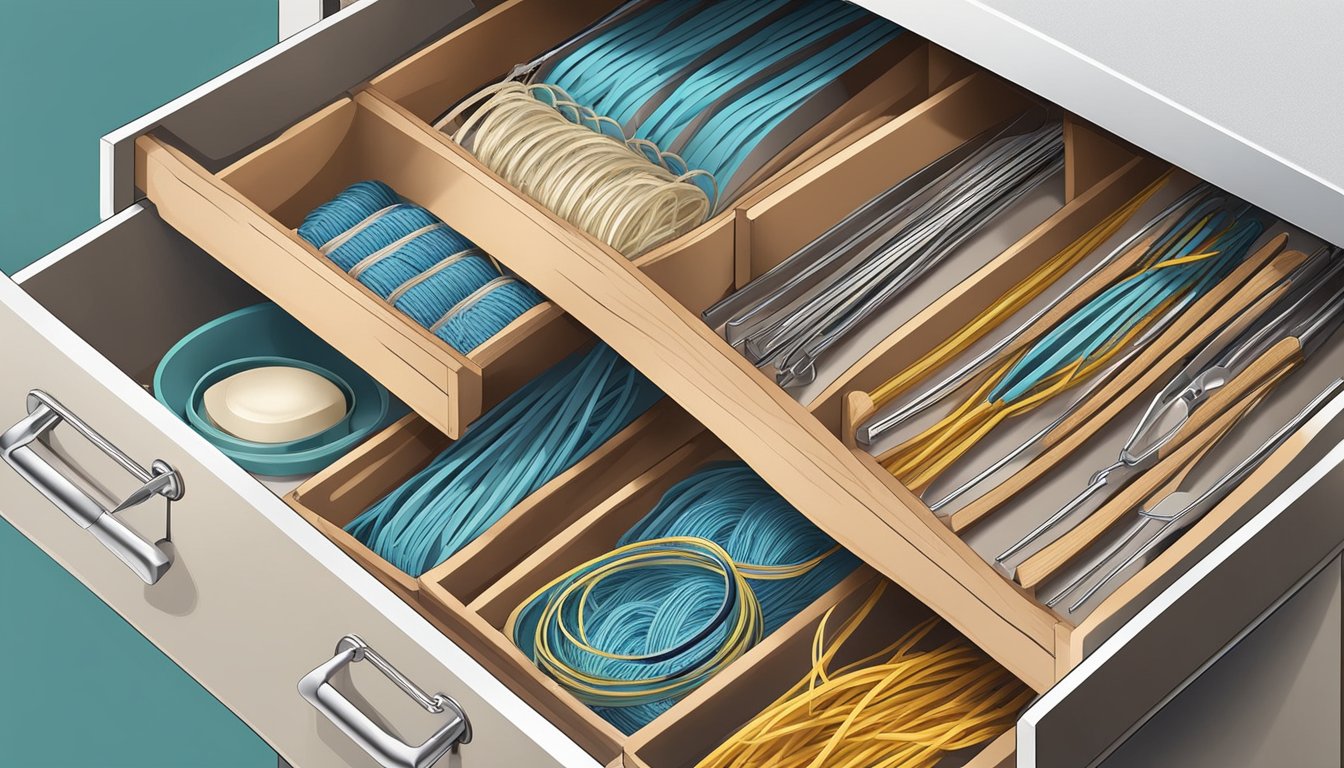 A drawer divider with neatly organized compartments holding kitchen twine and rubber bands in various creative and efficient ways