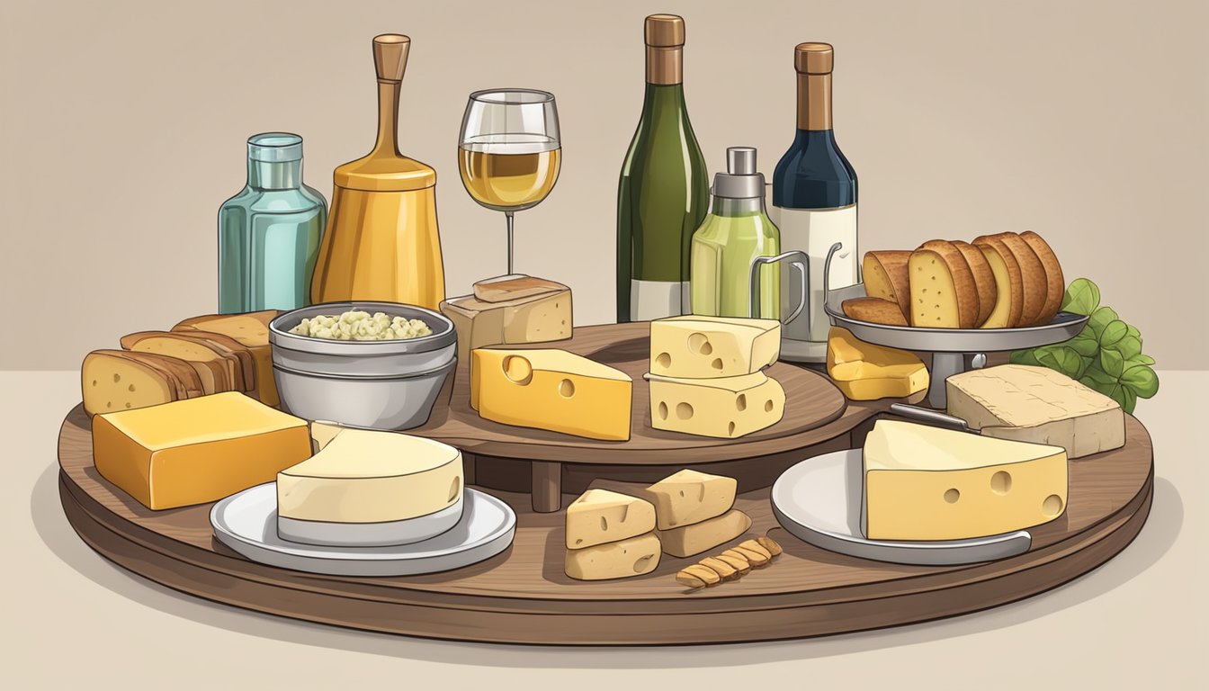 Tiered trays hold an assortment of cheeses and bread. Utensils and condiments are neatly arranged nearby. A fondue set is ready for use on the counter