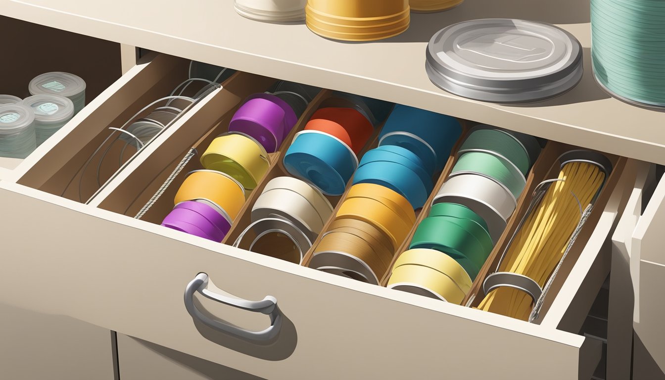 A kitchen drawer with neatly organized compartments holding spools of twine and rubber bands, a wall-mounted dispenser for twine, and a stack of labeled jars for rubber bands