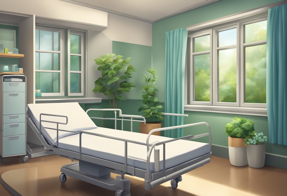 Um quarto de hospital estéril com uma cama, equipamentos médicos e uma janela com vista para um jardim tranquilo