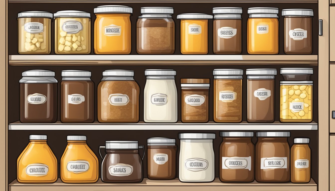 Containers labeled with "cheese," "chocolate," "broth," "oil," and "sauces." Each neatly organized in a kitchen cabinet