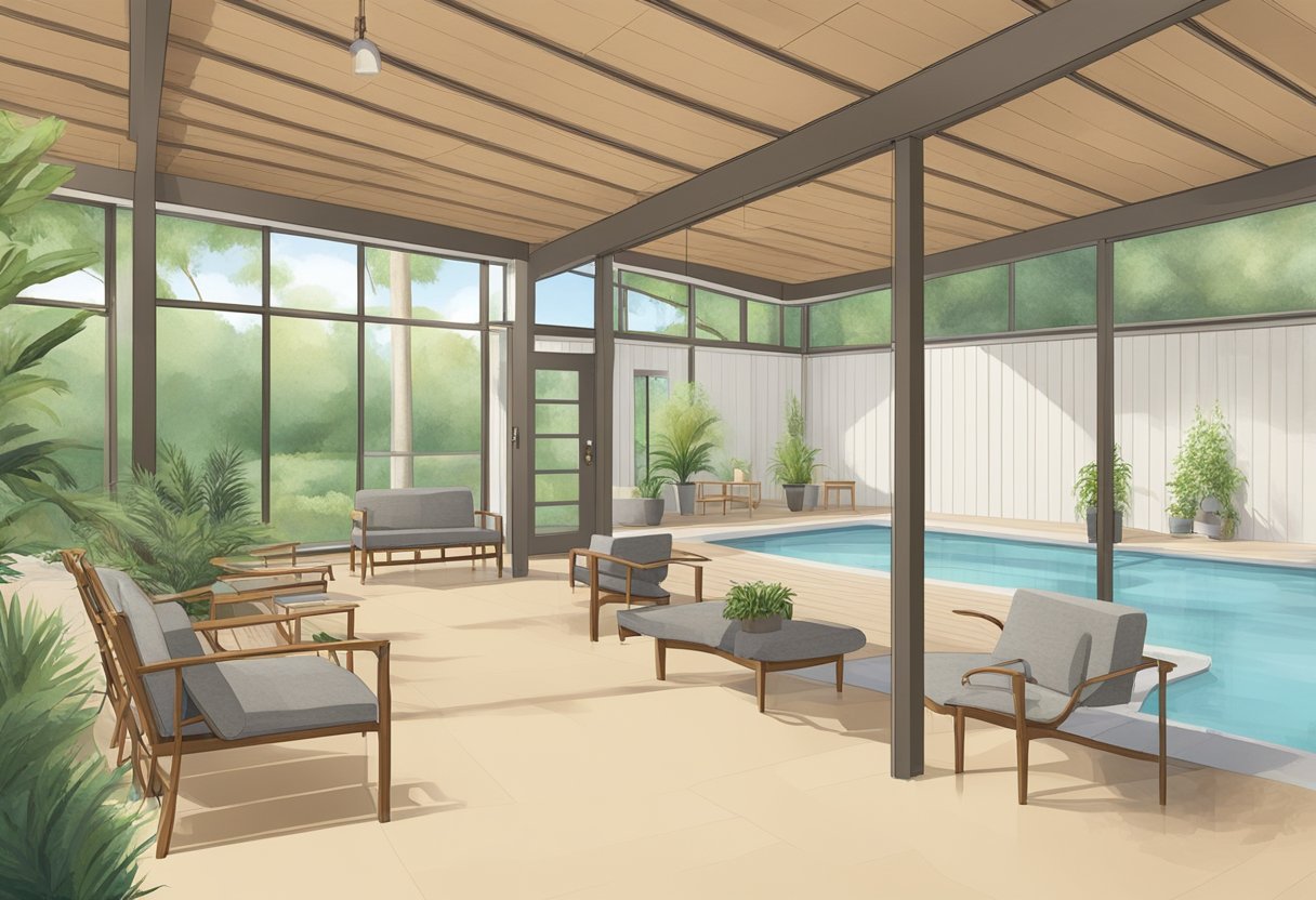 Um centro de reabilitação sereno com quartos confortáveis, espaços para terapia em grupo e áreas recreativas ao ar livre para indivíduos em tratamento de dependência química.