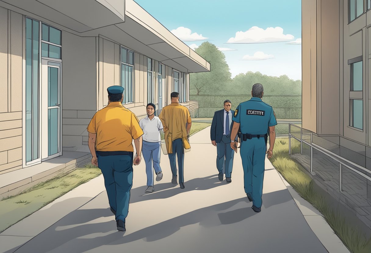 Uma pessoa sendo escoltada por autoridades para uma unidade de tratamento, com membros da família preocupados observando à distância.