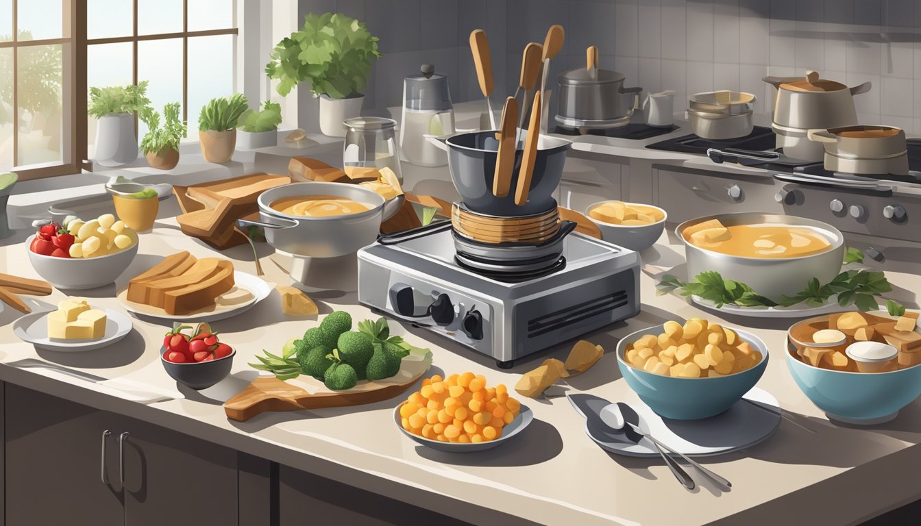 A kitchen counter with a neatly arranged fondue set, surrounded by organized utensils and ingredients, ready for a dinner party