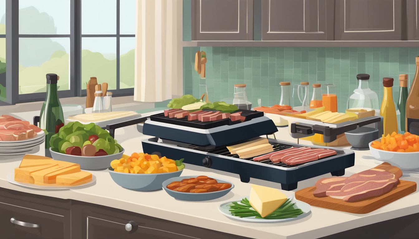 A neatly organized kitchen counter with a raclette grill, plates, cheese, meats, vegetables, and condiments ready for a dinner party