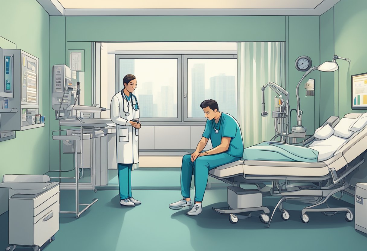 Uma pessoa sentada em um quarto de hospital cercada por equipamentos médicos e um psicólogo oferecendo apoio.