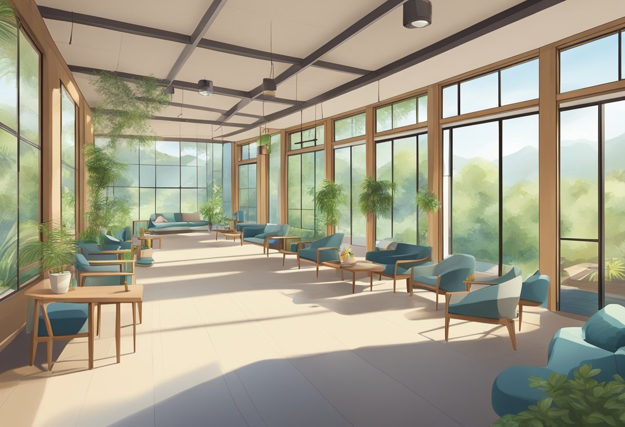 Uma instalação de tratamento serena com acomodações confortáveis, salas de terapia e espaços ao ar livre para relaxamento e reflexão