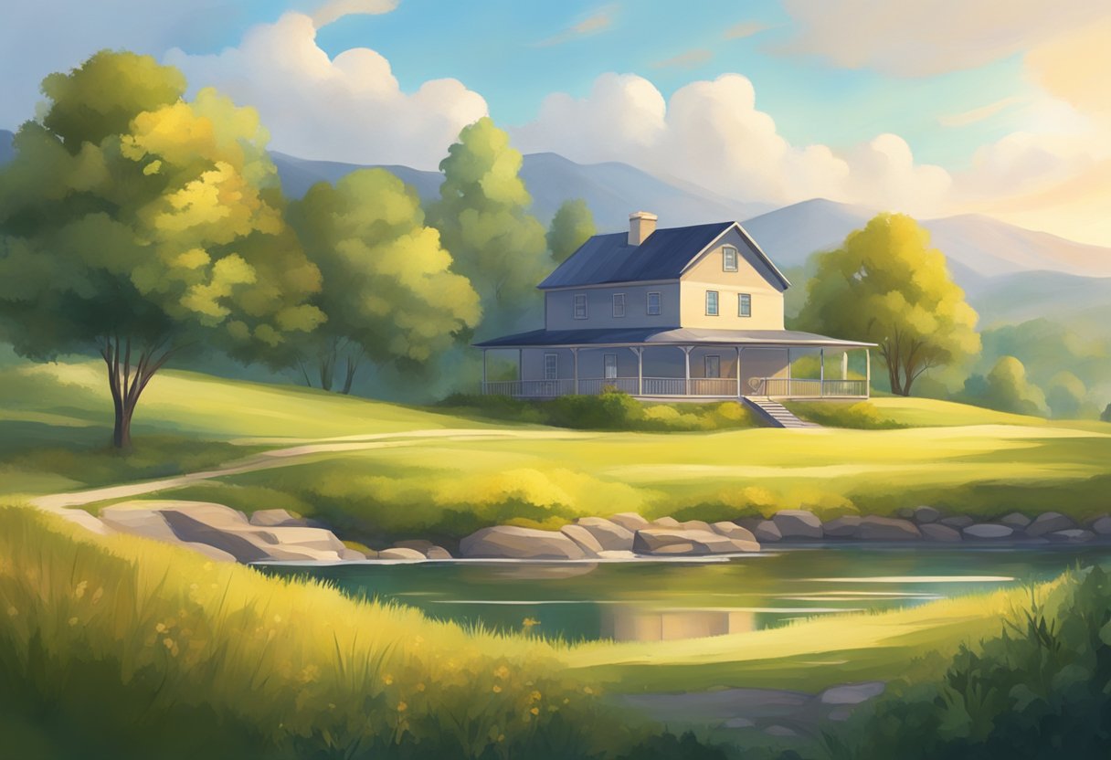 Um cenário sereno no campo com uma instalação pacífica e isolada cercada pela natureza, transmitindo uma sensação de esperança e cura para aqueles que buscam tratamento para abuso de substâncias.