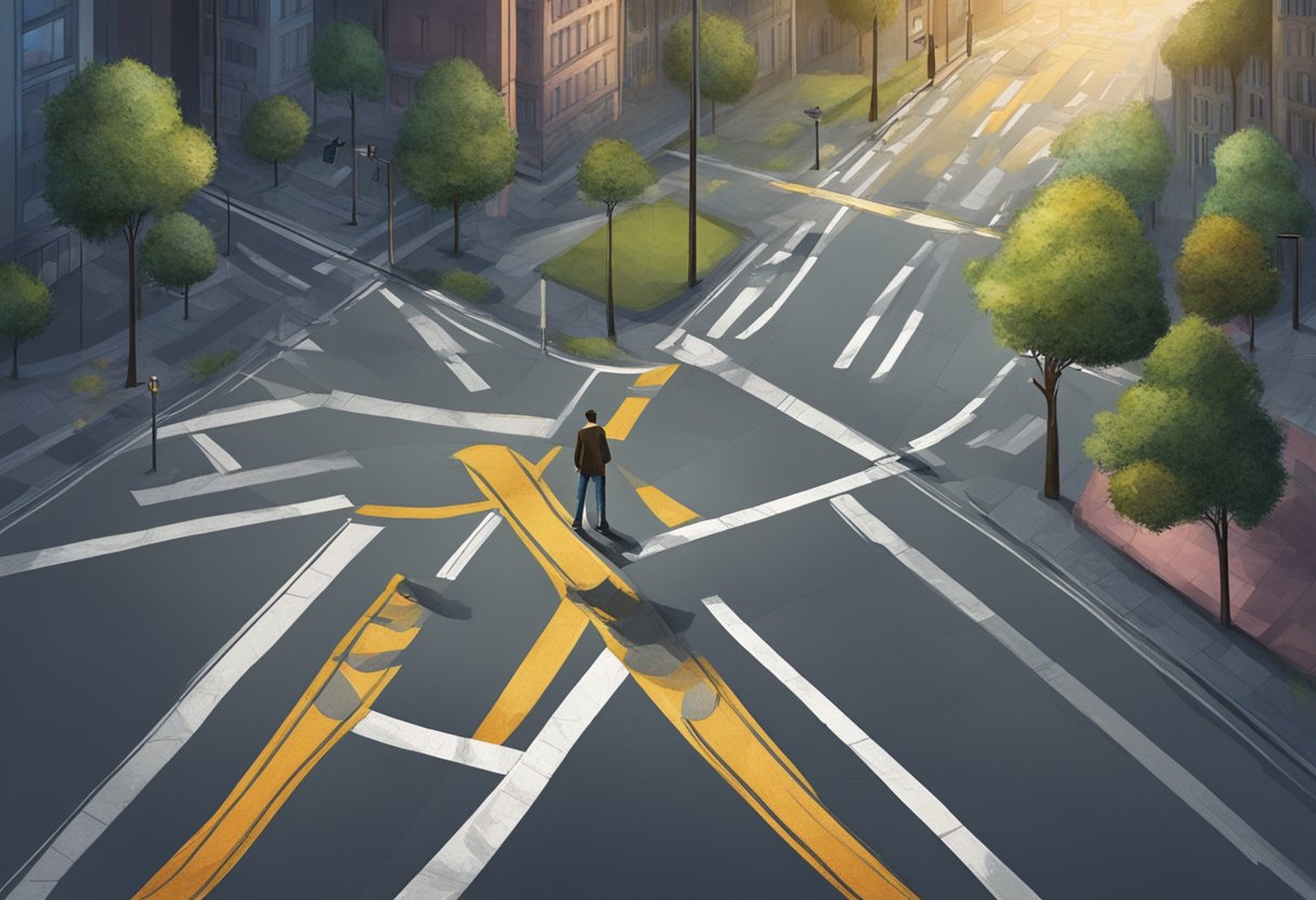 Uma pessoa em pé em uma encruzilhada, com um caminho levando à escuridão e ao caos, e o outro levando à luz e à esperança.