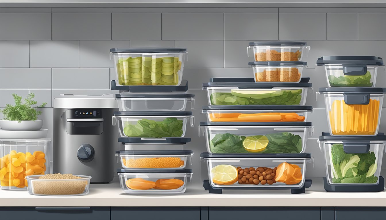 Stackable storage containers neatly arranged in a kitchen, with a dehydrator and various kitchen tools organized for a dinner party