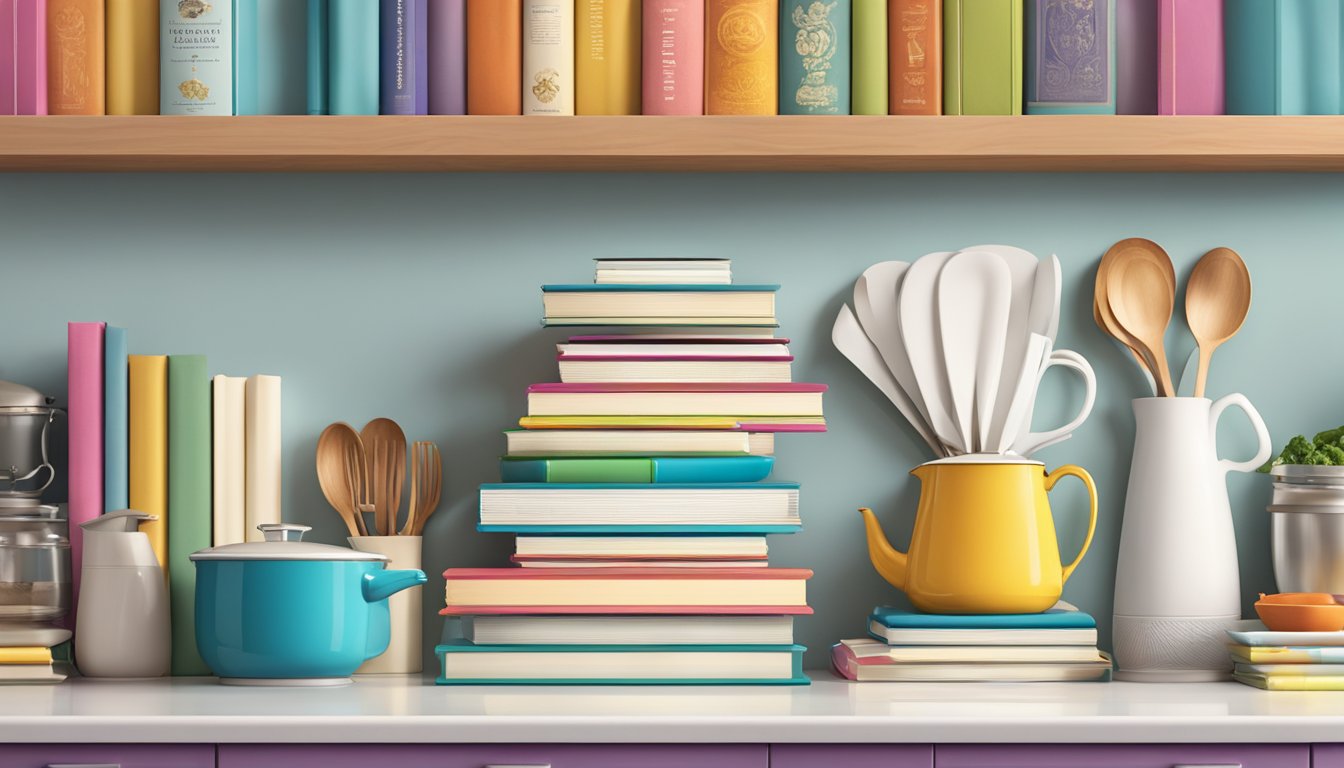 A kitchen countertop with a row of colorful cookbooks and recipe cards held up by culinary-themed bookends