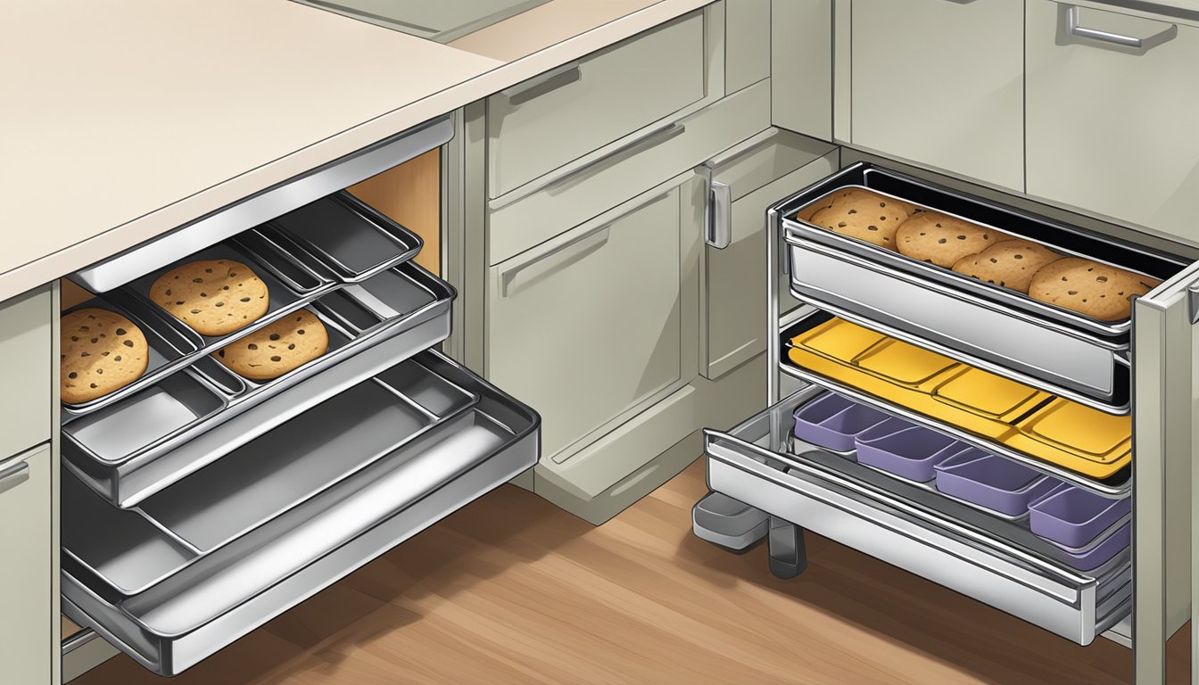 Cookie sheets stand vertically in file organizers, neatly arranged in a kitchen cabinet