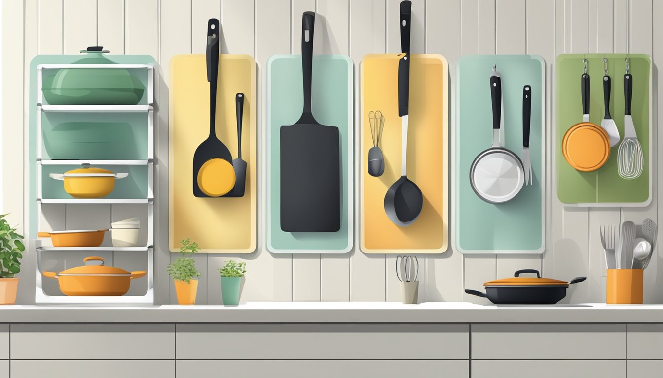 File organizers hung on wall, each holding a pot lid. Kitchen background with organized utensils and cookware