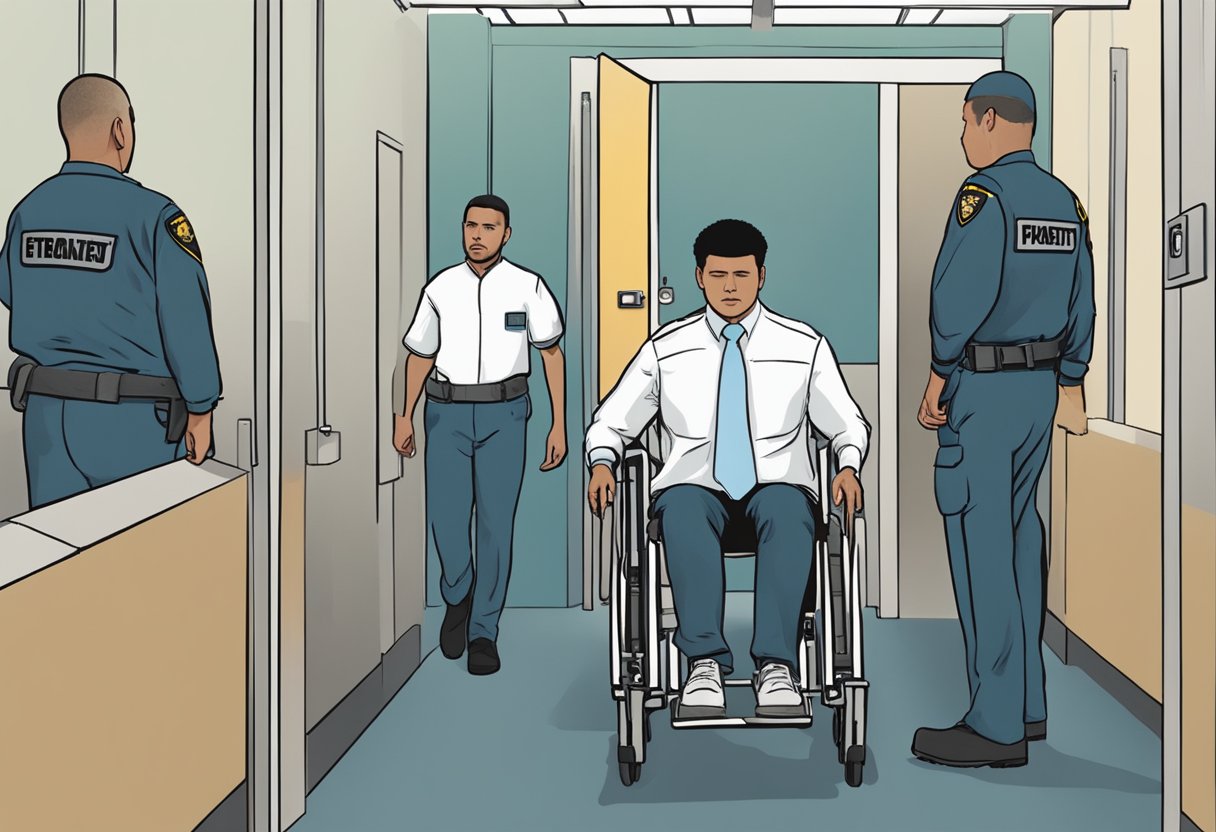 Uma pessoa sendo escoltada à força para uma instalação de tratamento por dois guardas