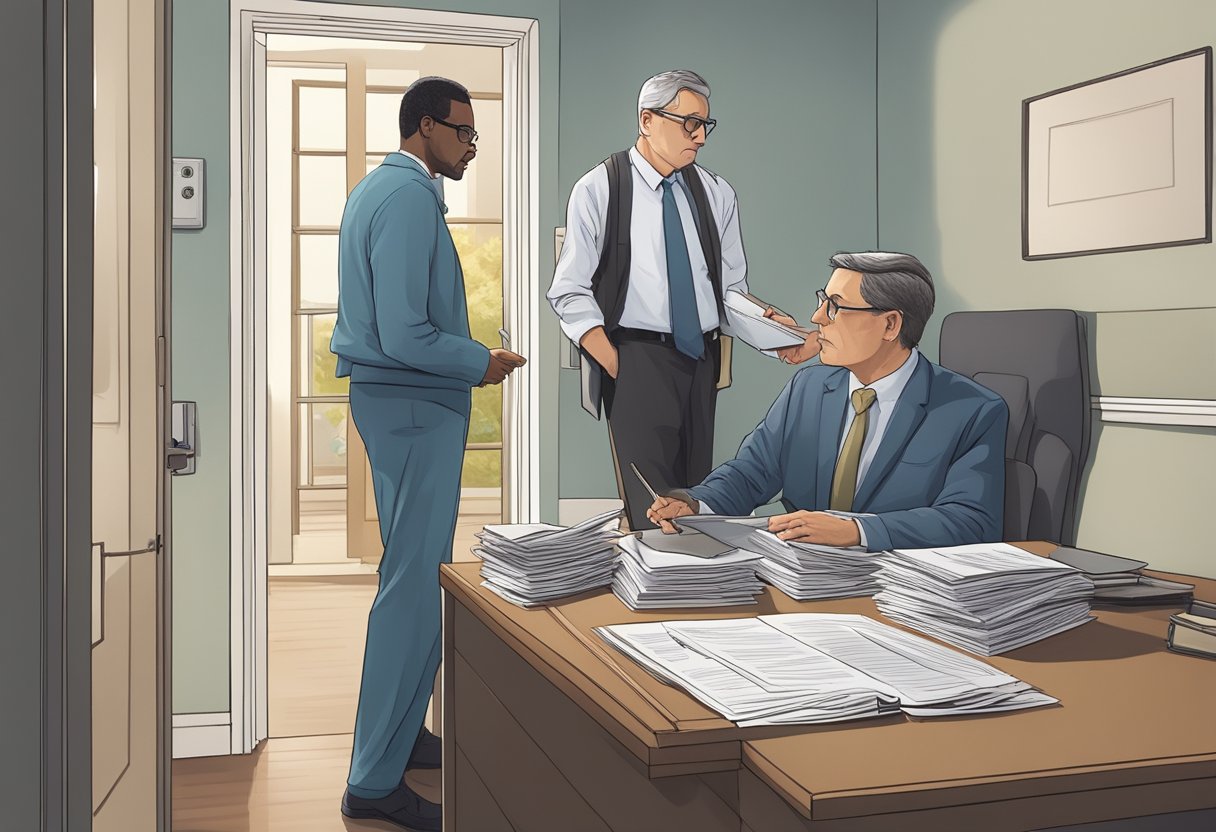 Um psiquiatra conduzindo um paciente em direção a uma porta trancada, cercada por documentos legais e uma sensação de coerção