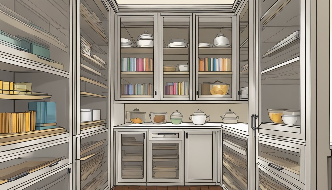 Glass front cabinet doors display neatly organized cookbooks and recipe cards, with clever storage solutions such as adjustable shelves, dividers, and labeled compartments