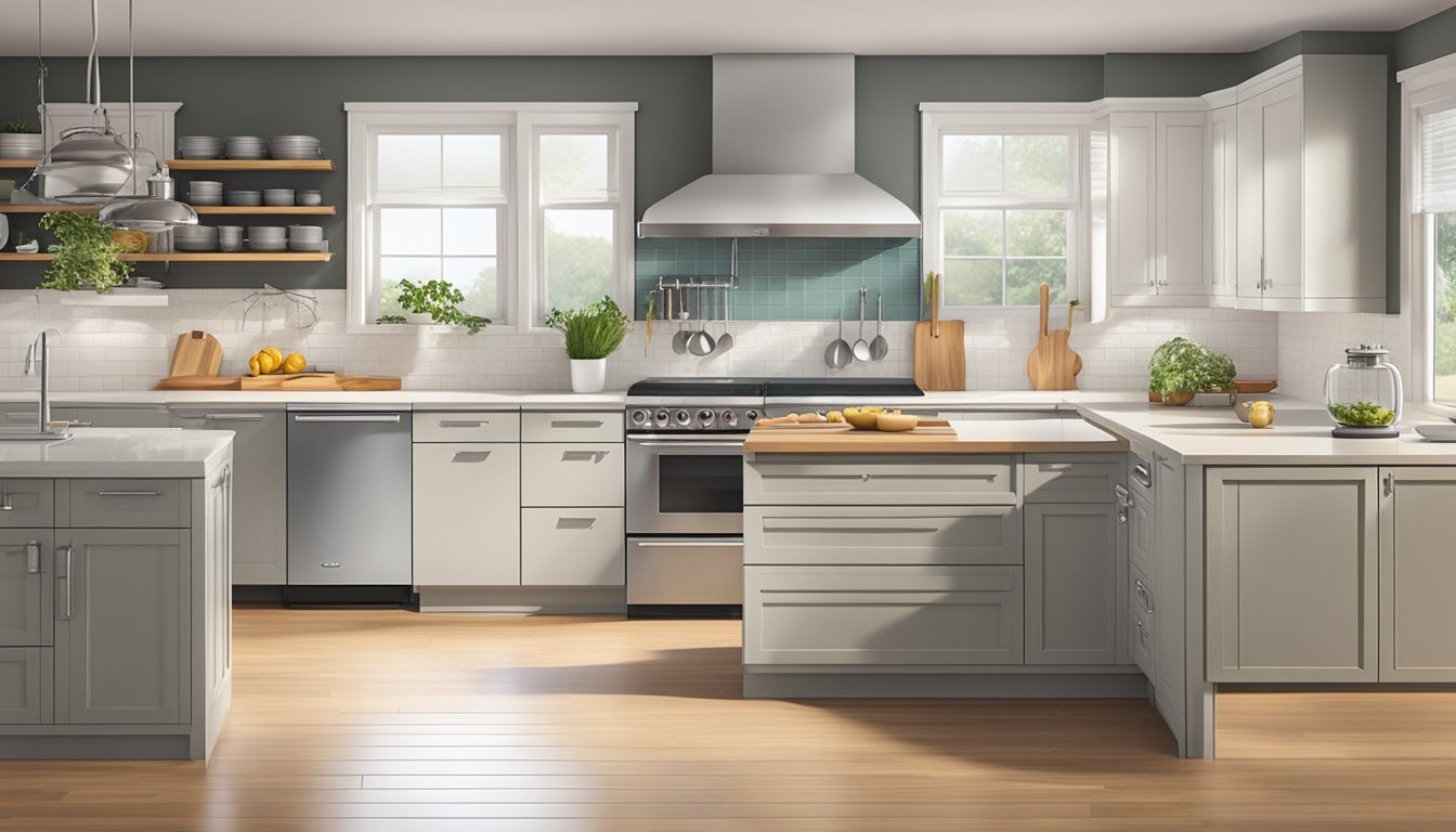 A spacious, well-organized kitchen with a central island, ample counter space, and a sleek dehydrator in the corner. Cabinets and drawers neatly store cooking utensils and ingredients