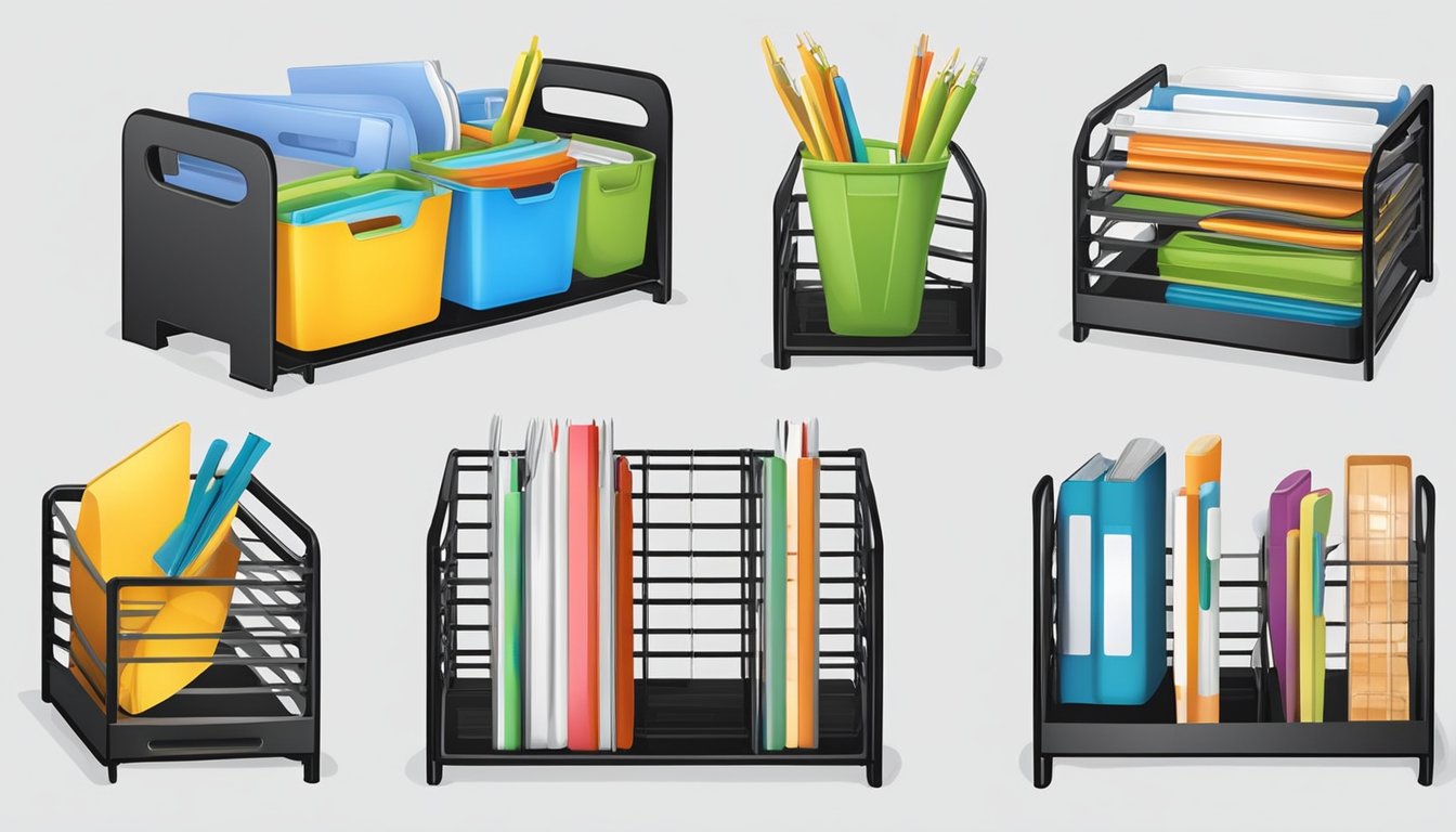 Plastic file organizers used to store kitchen items in various arrangements