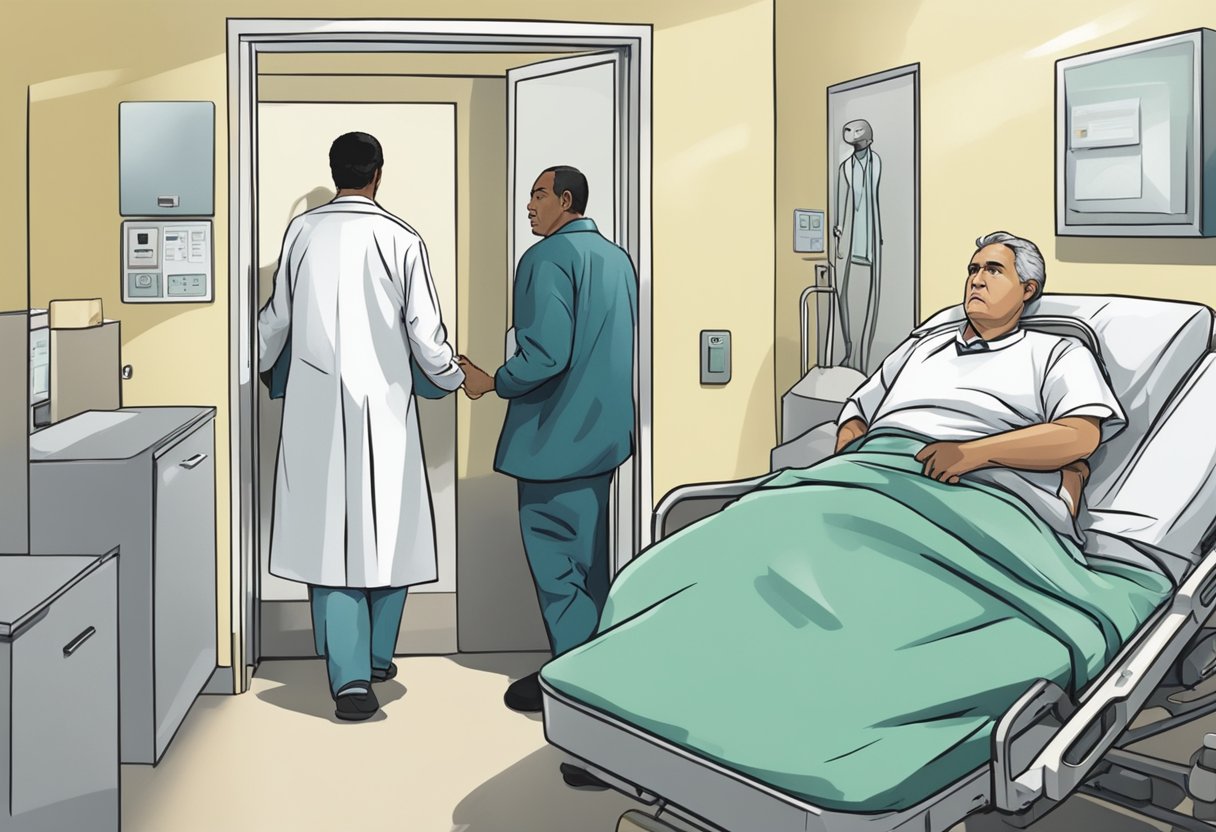 Uma pessoa sendo acompanhada para dentro de um quarto de hospital por dois indivíduos com aparência severa, enquanto resiste e expressa relutância.