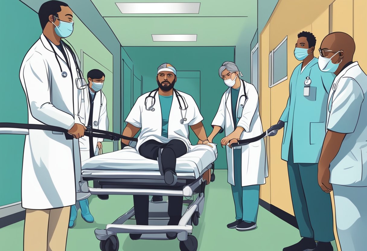 Uma pessoa sendo contida e escoltada para um hospital por um grupo de profissionais de saúde.