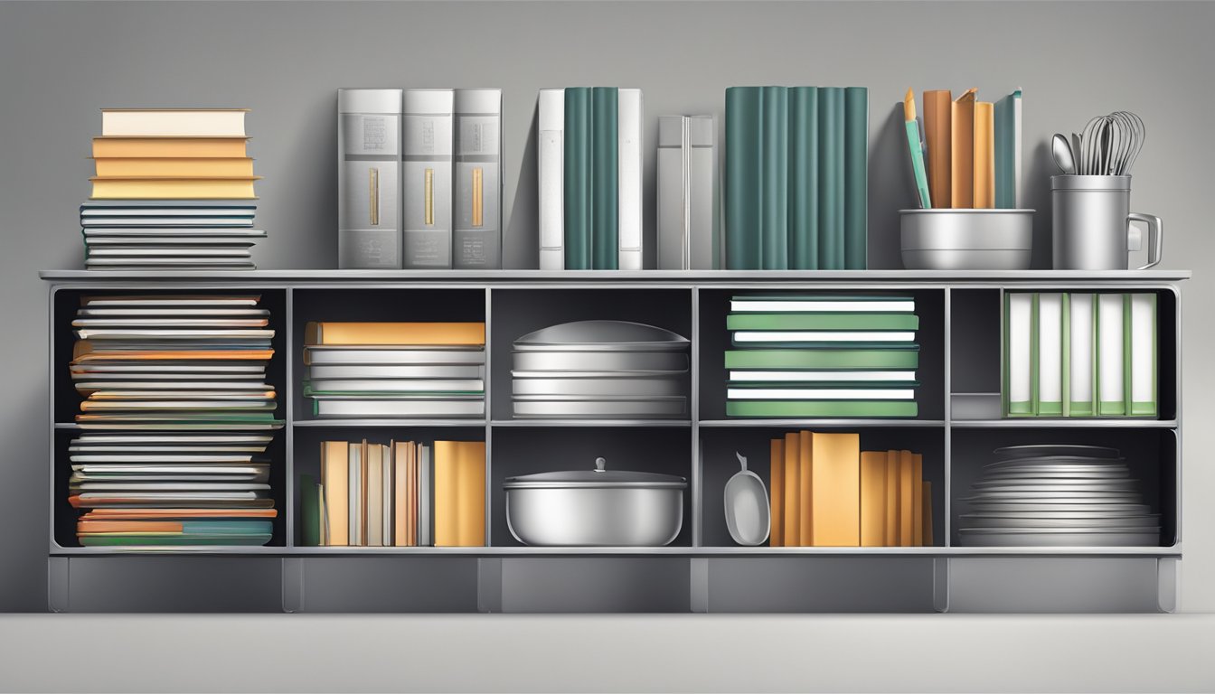 A steel organizer with cookbooks and recipe cards neatly arranged in various compartments, with some books standing upright and others laid flat