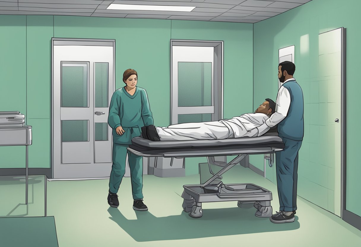 Uma pessoa sendo levada à força para uma instalação de tratamento por duas figuras, resistindo e lutando contra a sua vontade.