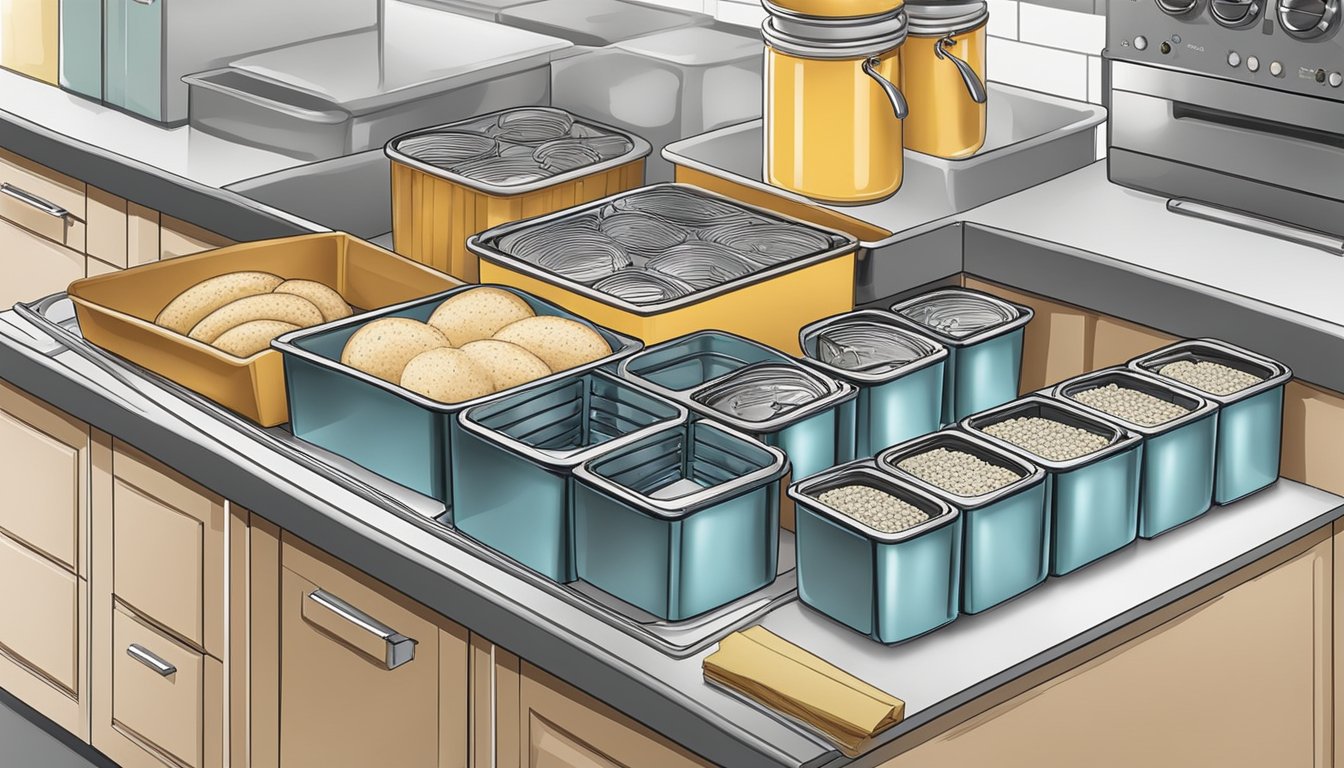 A kitchen counter with 10 baking tin sets organized in file organizers