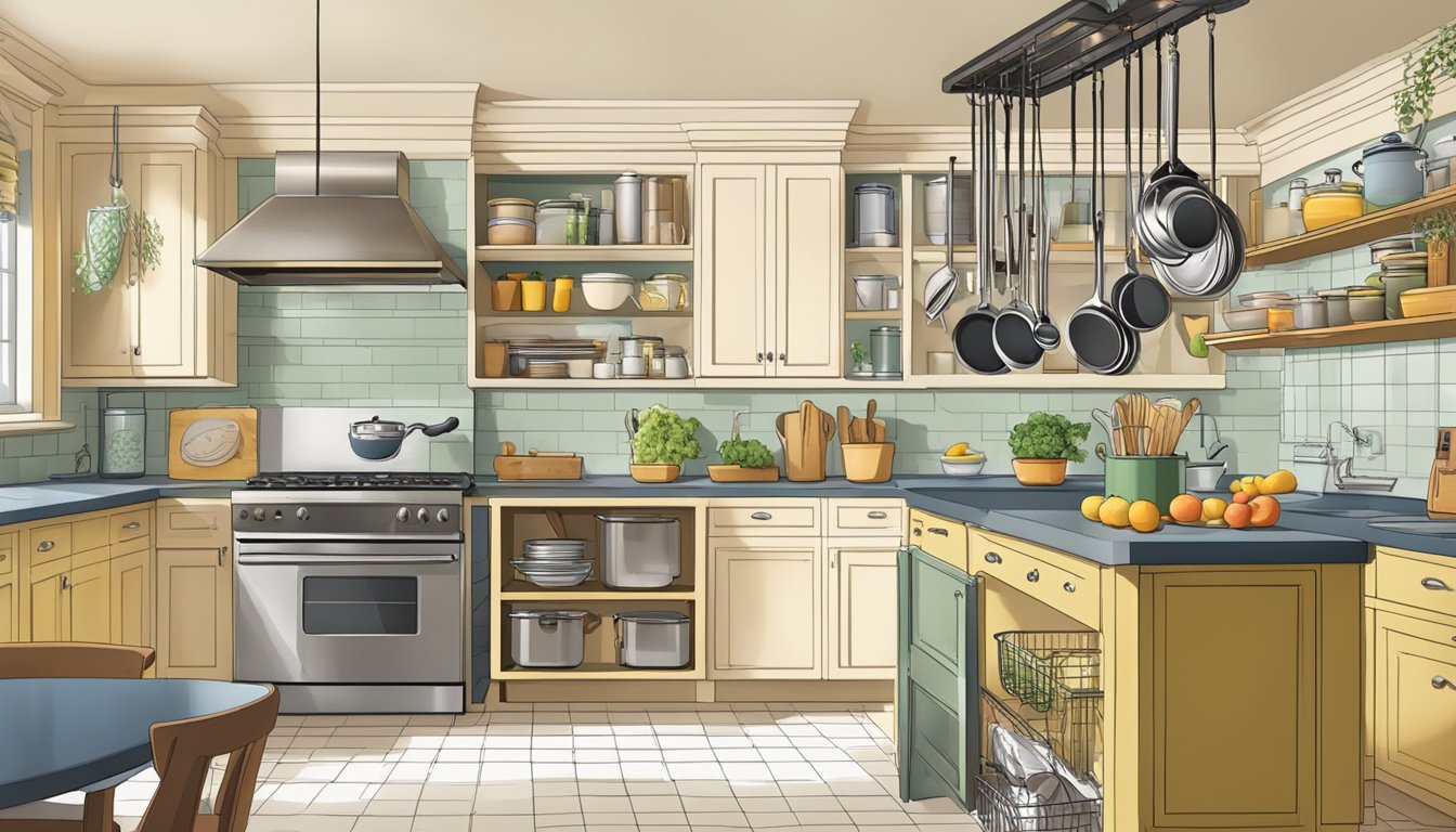 A kitchen with a hanging pot rack displaying various clever ways to store cookbooks and recipe cards