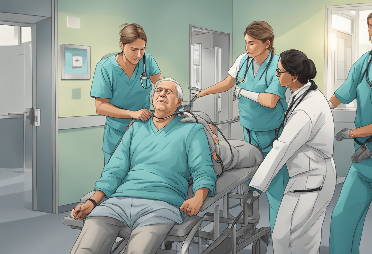 Uma pessoa sendo contida à força e levada para uma instalação médica contra sua vontade