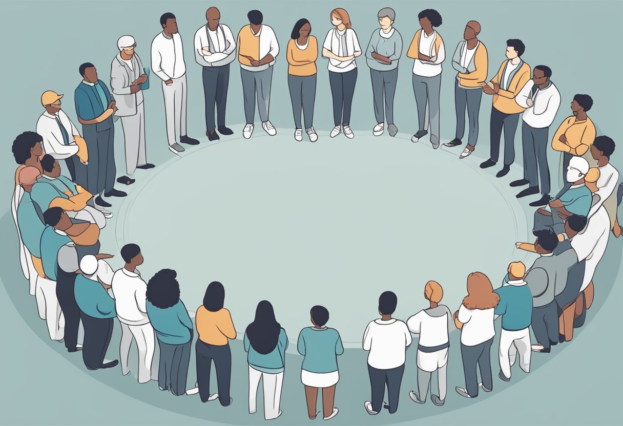 Um grupo de pessoas em pé em um círculo, discutindo o contexto social e medidas de prevenção, enquanto uma pessoa tenta ser internada contra a sua vontade.