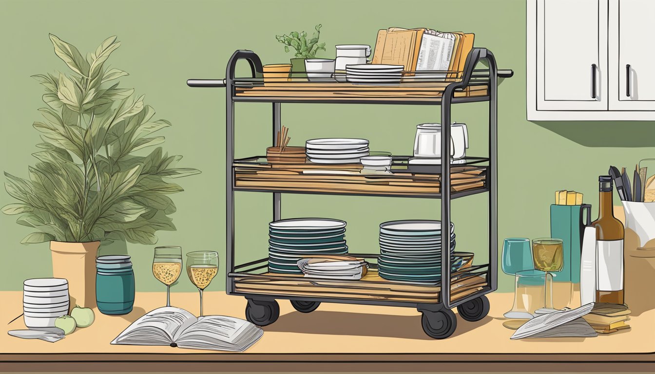 A rolling bar cart with cookbooks and recipe cards neatly organized in various clever ways