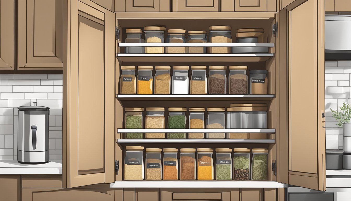 A kitchen cabinet with slide-out spice organizers neatly arranged with various spices and herbs