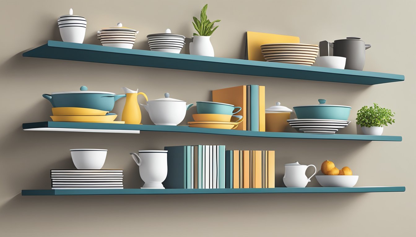 A set of floating shelves filled with neatly organized cookbooks and recipe cards, with a wall-mounted rack for additional storage