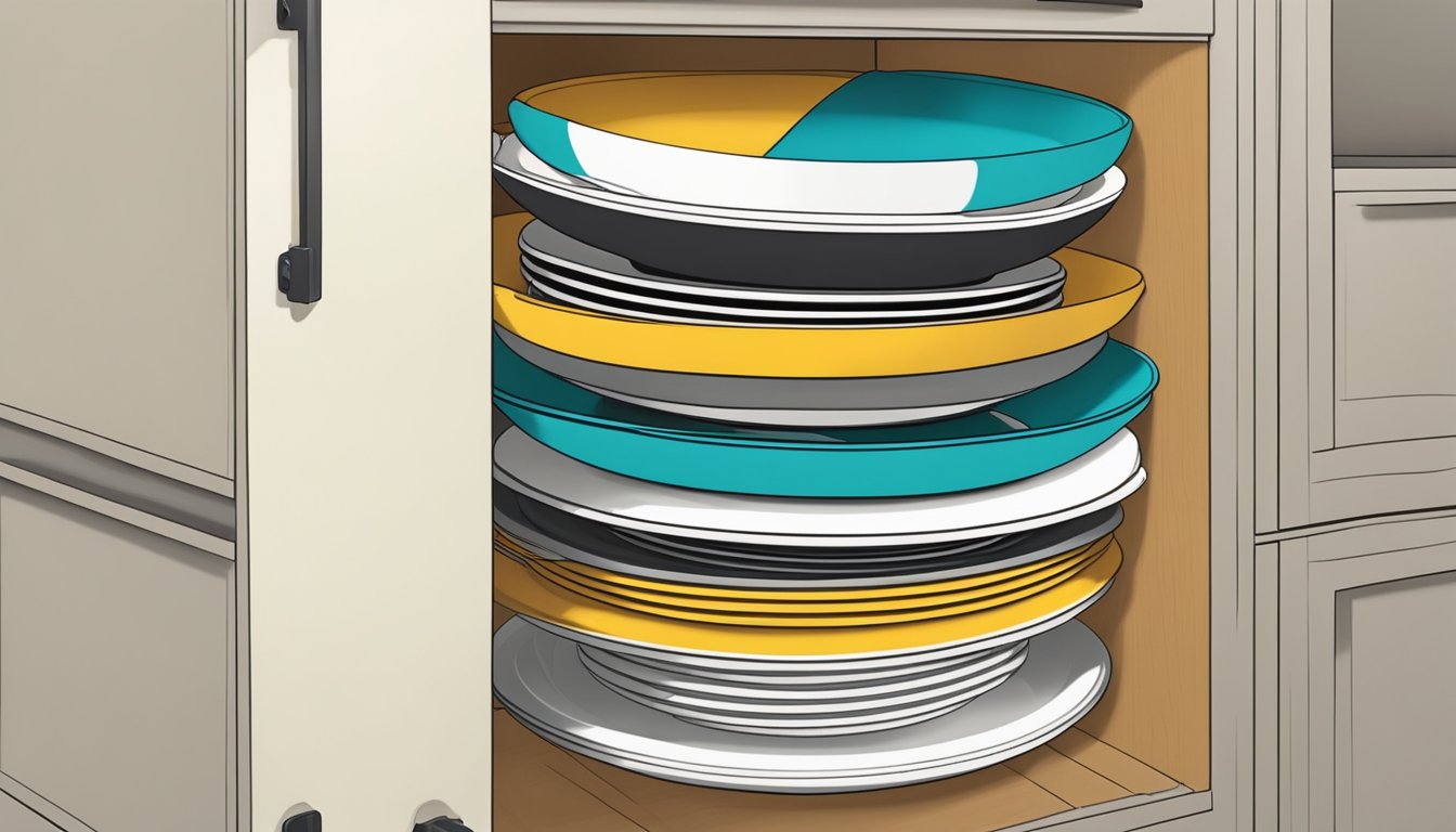 File organizers repurposed as plate and platter holders, stacked neatly in a kitchen cabinet